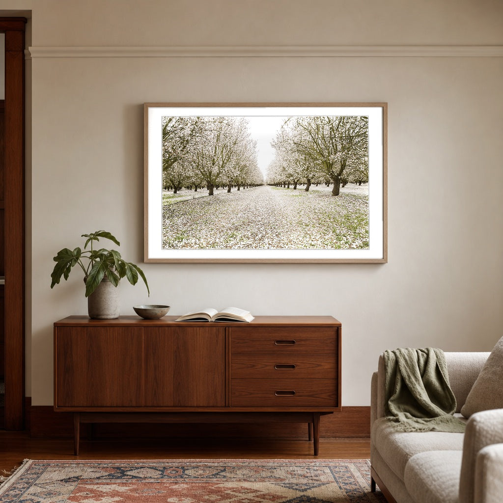 Entrance to Eden glass framed orchard photography styled above a walnut sideboard in a Portland living room - Whats New Furniture
