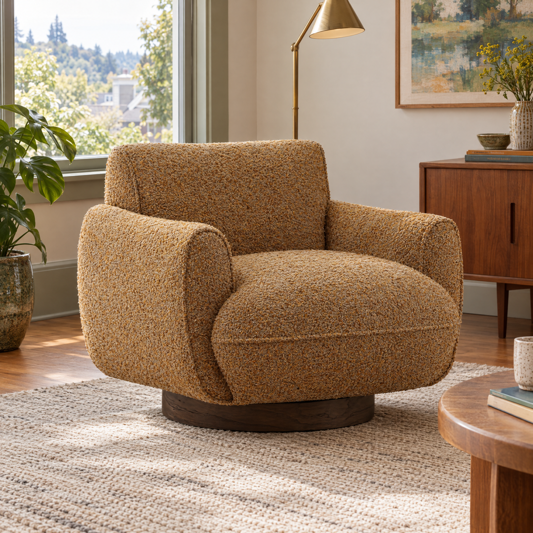 Ercilia Swivel Chair in Ginger styled in a Portland living room - boucle swivel chair by Dovetail - Whats New Furniture
