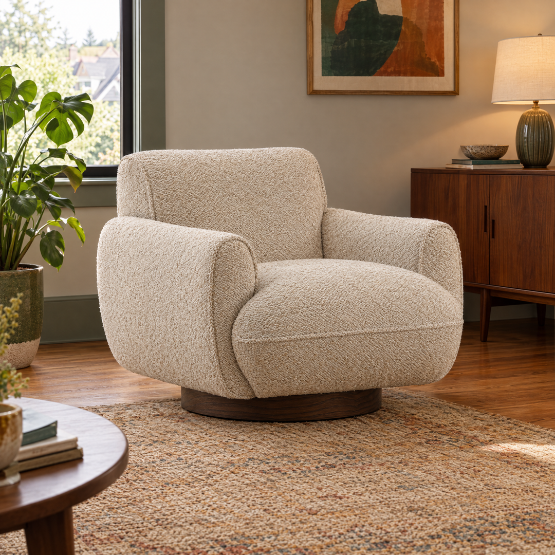 Ercilia Swivel Chair in Oatmeal styled in a Portland living room - boucle swivel chair by Dovetail - Whats New Furniture