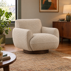 Ercilia Swivel Chair in Oatmeal styled in a Portland living room - boucle swivel chair by Dovetail - Whats New Furniture