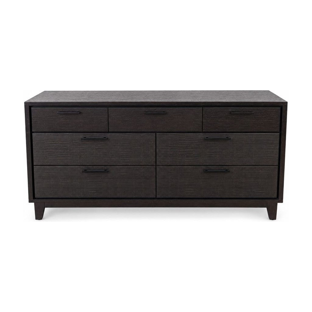 Espresso seven-drawer dresser with a long, low wood case and aligned drawer fronts.