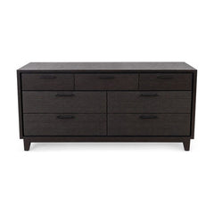 Espresso seven-drawer dresser with a long, low wood case and aligned drawer fronts.