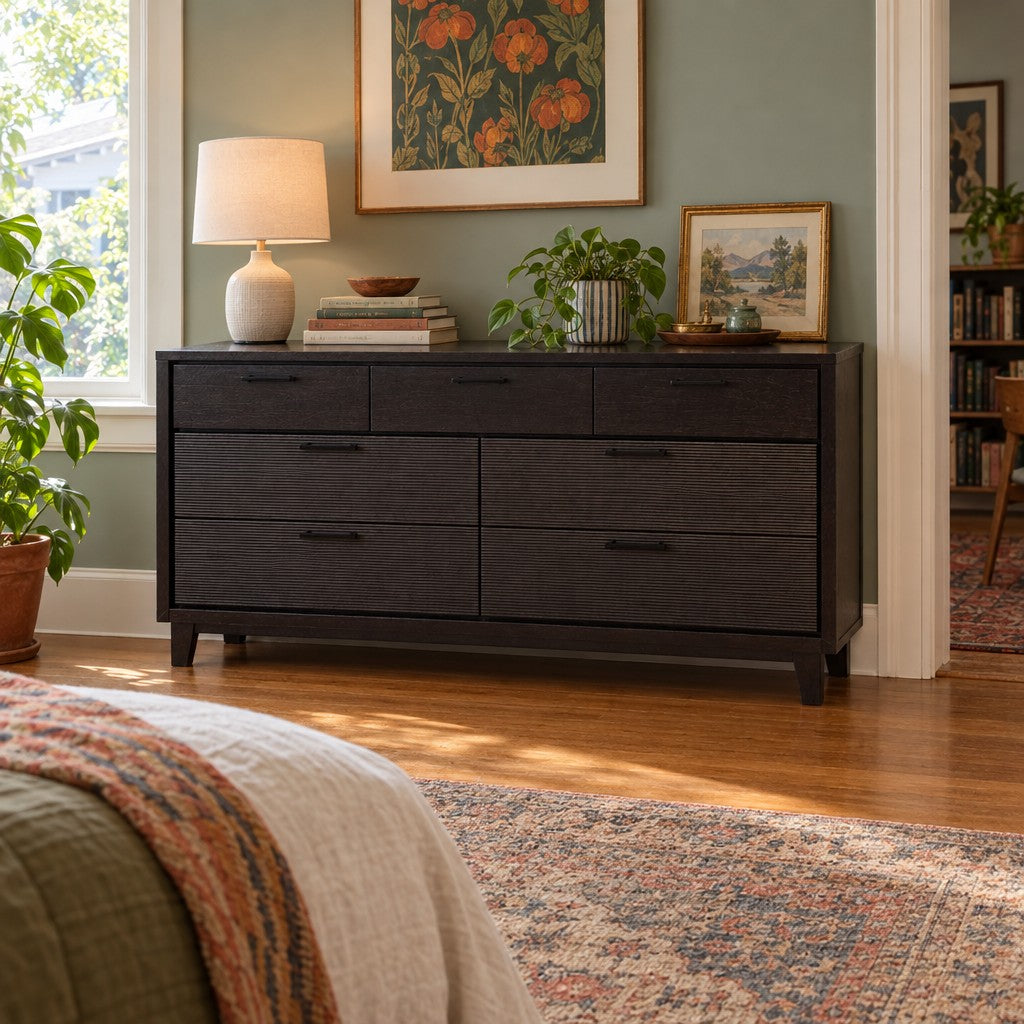Espresso seven-drawer dresser with a long, low wood case and aligned drawer fronts. - detail view 1