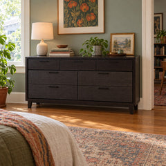 Espresso seven-drawer dresser with a long, low wood case and aligned drawer fronts. - detail view 1