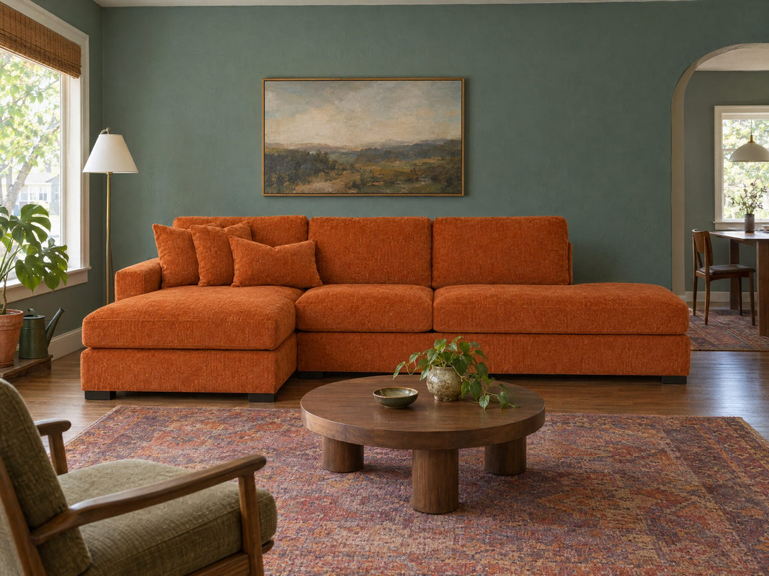 Aurora Sectional in Lush Papaya, LHF (left-hand chaise) styled in a 1940s Woodstock cottage - Whats New Furniture Portland OR