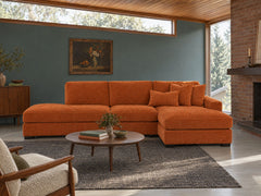 Aurora Sectional in Lush Papaya, RHF (right-hand chaise) styled in a Mt. Tabor mid-century house - Whats New Furniture Portland OR