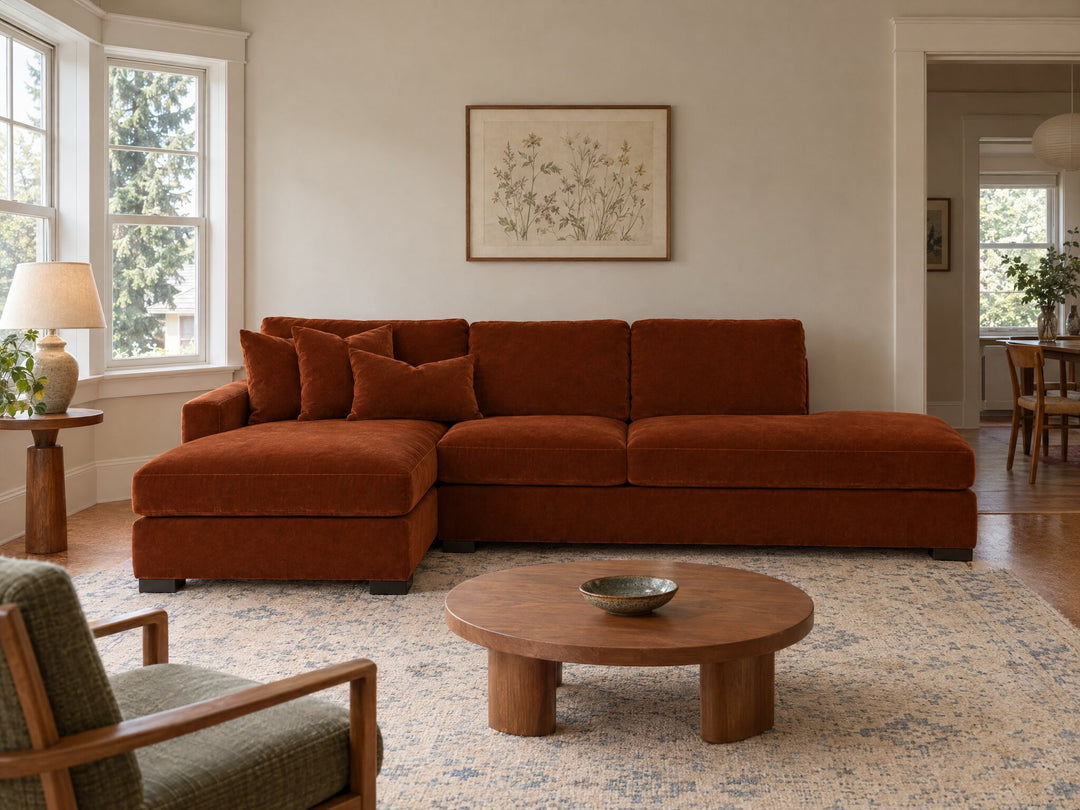 Aurora Sectional in Marquis Rust, LHF (left-hand chaise) styled in a 1920s NE Portland Craftsman flat - Whats New Furniture Portland OR