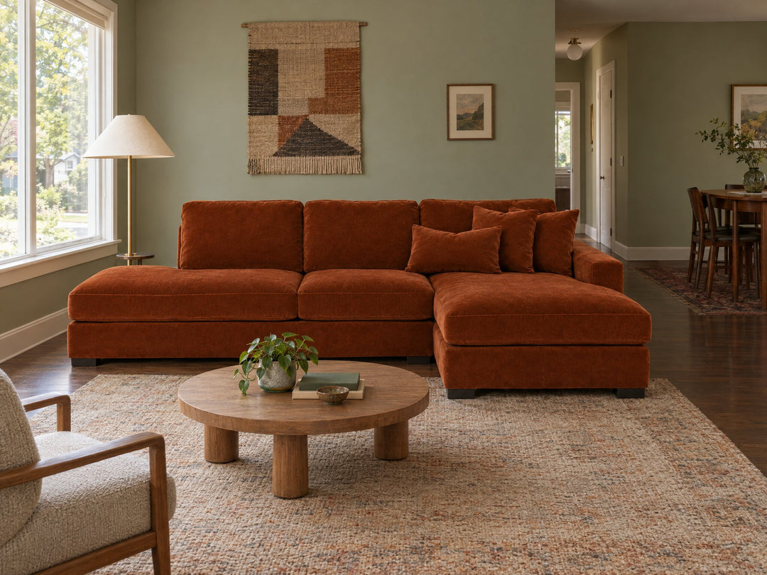 Aurora Sectional in Marquis Rust, RHF (right-hand chaise) styled in a Montavilla ranch - Whats New Furniture Portland OR
