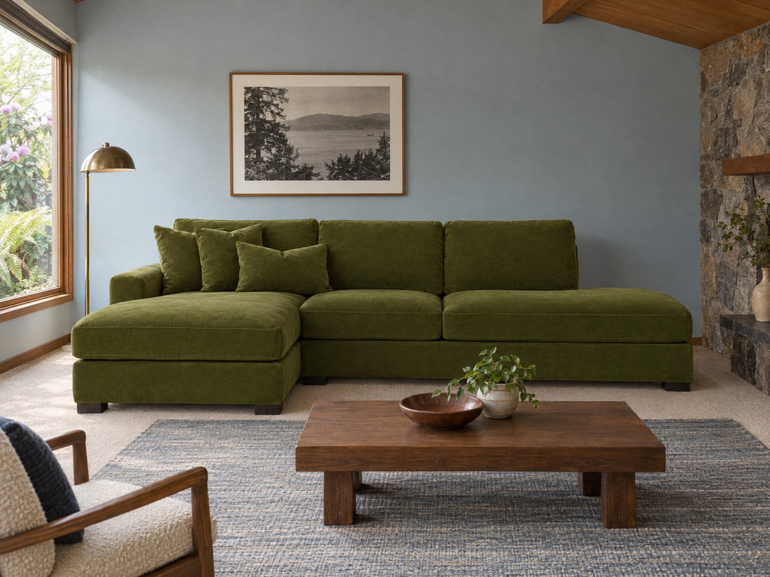 Aurora Sectional in Vintage Moss, LHF (left-hand chaise) styled in a 1970s Lake Oswego split-level - Whats New Furniture Portland OR