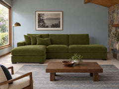Aurora Sectional in Vintage Moss, LHF (left-hand chaise) styled in a 1970s Lake Oswego split-level - Whats New Furniture Portland OR