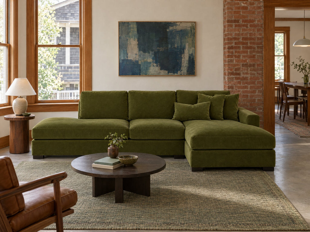 Aurora Sectional in Vintage Moss, RHF (right-hand chaise) styled in a Hawthorne duplex flat - Whats New Furniture Portland OR