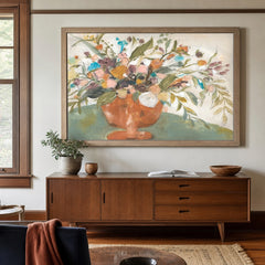 Fall in Warm floral linen wall art styled above a mid-century sideboard in a Portland living room - Whats New Furniture