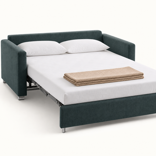 Fantasy Queen Sleeper Sofa Glamour 12 forest green bed extended studio view warm cream