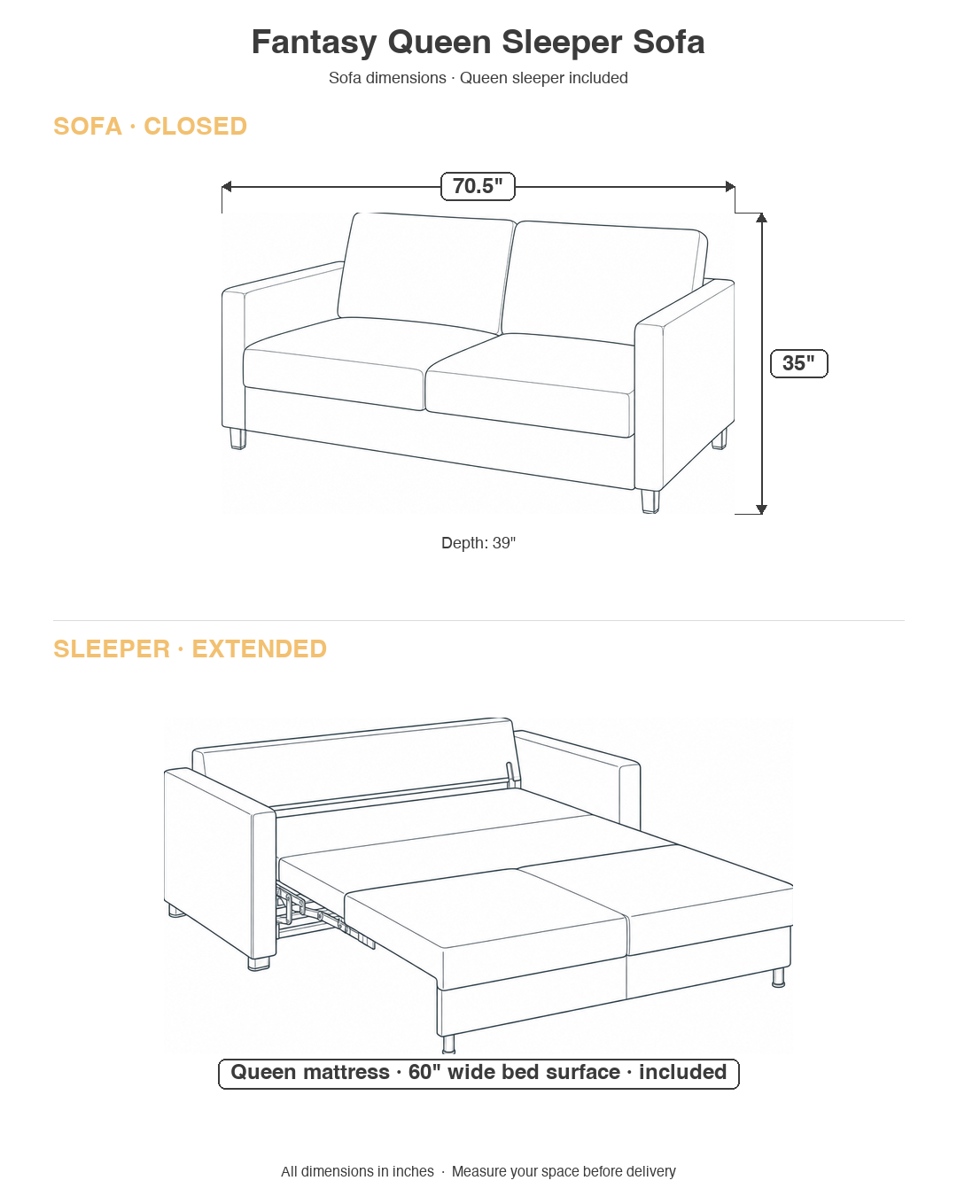 Fantasy Queen Sleeper Sofa dimensions diagram showing closed sofa 70.5 by 39 by 35 inches and extended queen sleeper with 60-inch wide mattress
