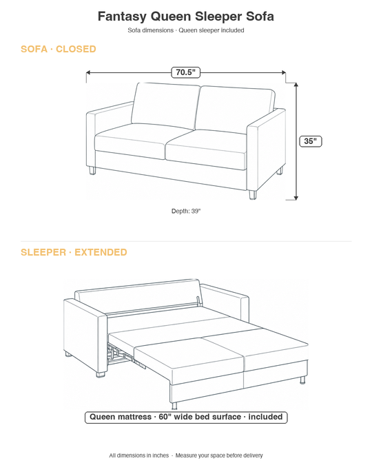 Fantasy Queen Sleeper Sofa dimensions diagram showing closed sofa 70.5 by 39 by 35 inches and extended queen sleeper with 60-inch wide mattress