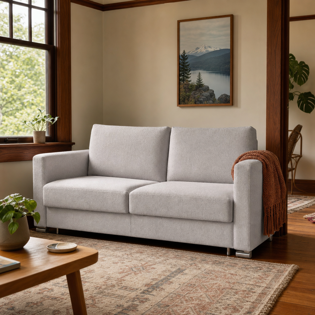 Fantasy Queen Sleeper Sofa Rene 01 light gray boucle styled in a Portland Craftsman living room