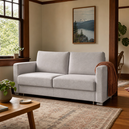 Fantasy Queen Sleeper Sofa Rene 01 light gray boucle styled in a Portland Craftsman living room