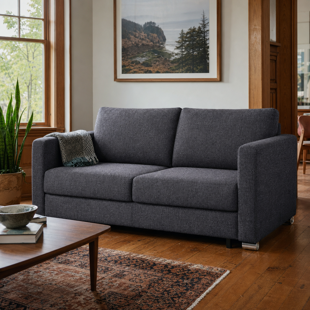 Fantasy Queen Sleeper Sofa Rene 04 charcoal boucle styled in a Portland Craftsman living room