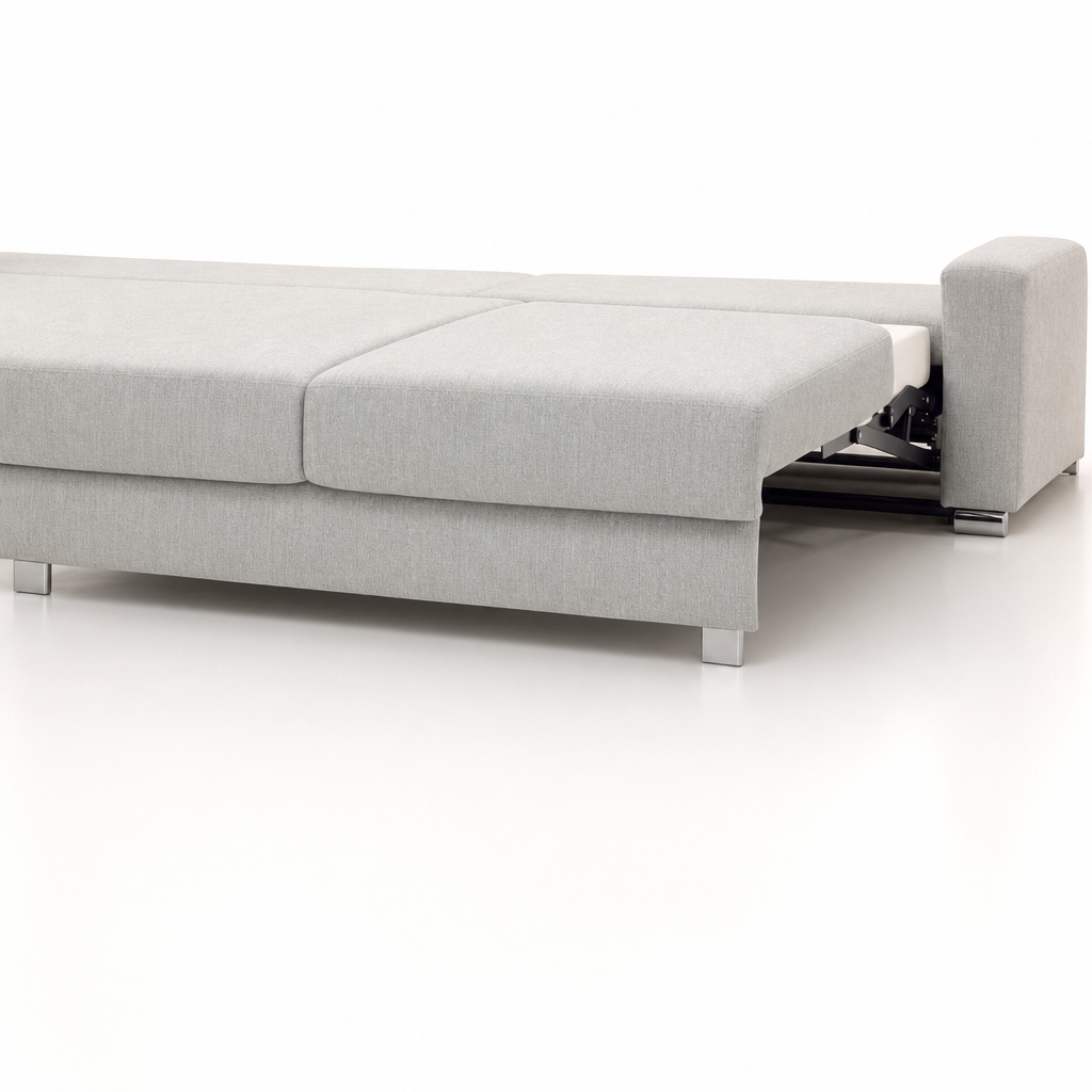Fantasy Queen Sleeper Sofa mechanism close-up showing chrome legs and gas-assisted rail