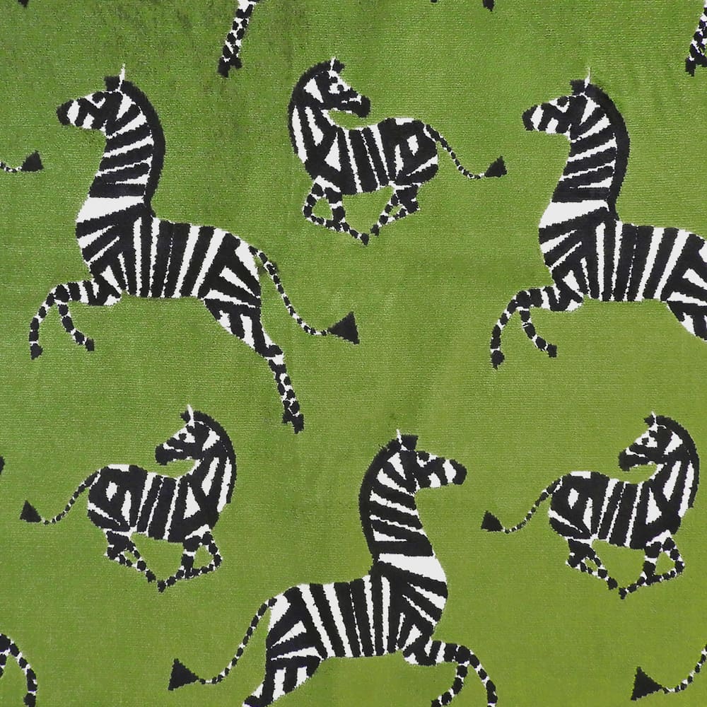 Farlowe Emerald zebra cut velvet throw pillow fabric with black and white zebras on green by Decor Fifty-Five - Whats New Furniture Portland OR