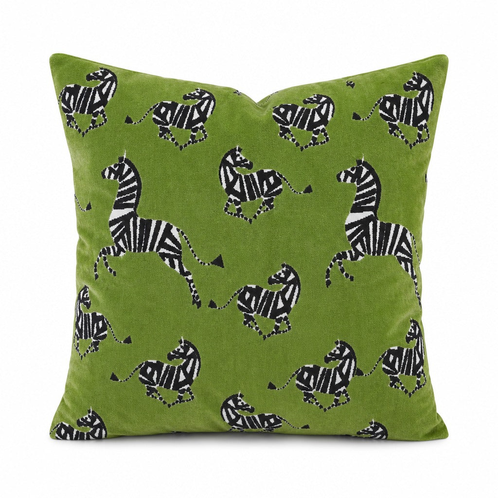 Farlowe Emerald zebra cut velvet throw pillow front view by Decor Fifty-Five - Whats New Furniture Portland OR