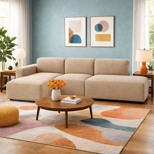 Fenway Modular Sectional in Crush Taupe styled in Portland living room with round coffee table - Whats New Furniture