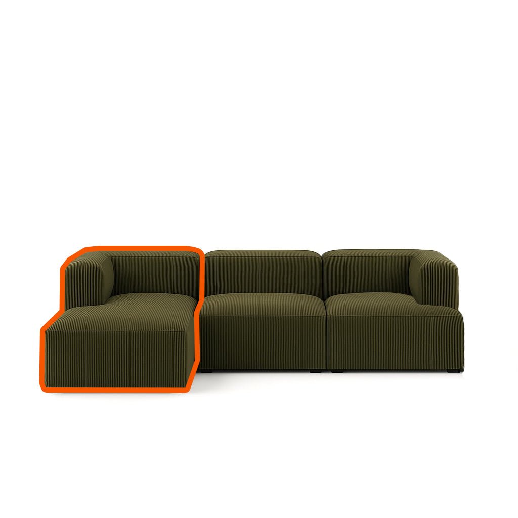 Fenway left-facing chaise module highlighted in Wave Olive - modular sectional configuration guide - Whats New Furniture