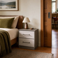Fenwick 2 Drawer Nightstand Bedside Table Grey Oak styled in Portland Sellwood cottage living room - What&