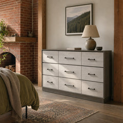 Fenwick 9 Drawer Dresser Grey Oak styled in Portland converted warehouse flat with warm exposed brick and fir timber beams (no steel, no concrete) living room - What&