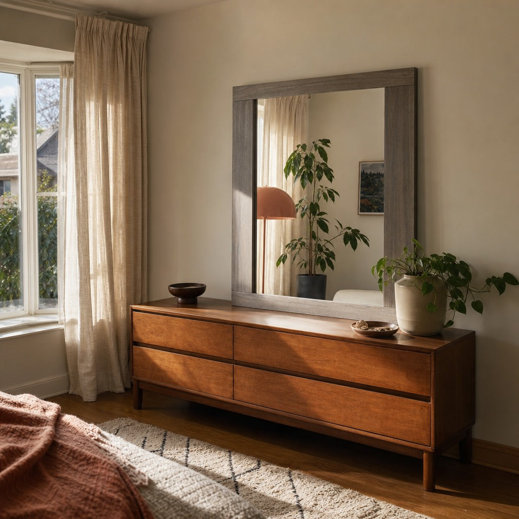 Fenwick Dresser Mirror Grey Oak styled in Portland 1960s Garden Home ranch living room - What&