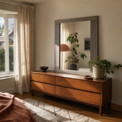 Fenwick Dresser Mirror Grey Oak styled in Portland 1960s Garden Home ranch living room - What&