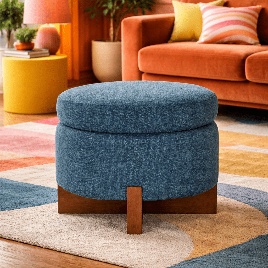 Fernhill Pouf Storage Ottoman in Blue room setting - storage pouf ottoman private label - Whats New Furniture Portland OR