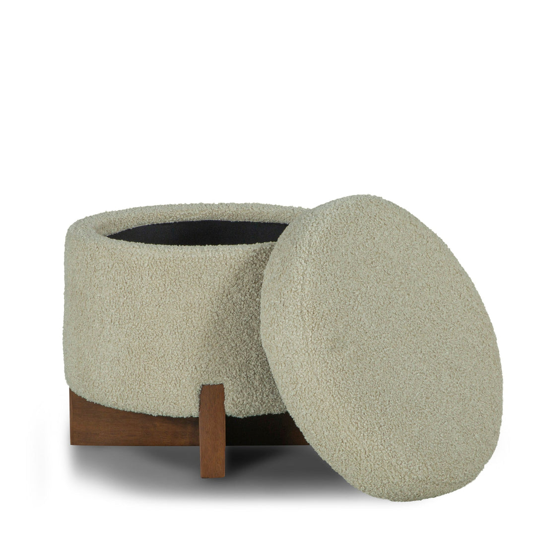 Fernhill Pouf Storage Ottoman in Cream variant open front view - storage pouf ottoman private label - Whats New Furniture Portland OR