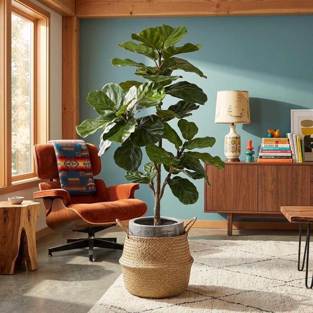 Fiddle Leaf Plant by Allstate Floral styled in a Portland home - faux indoor greenery - Whats New Furniture
