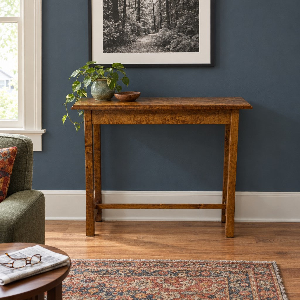 Figured Maple console table with rippled grain and a narrow handcrafted top. - detail view 1