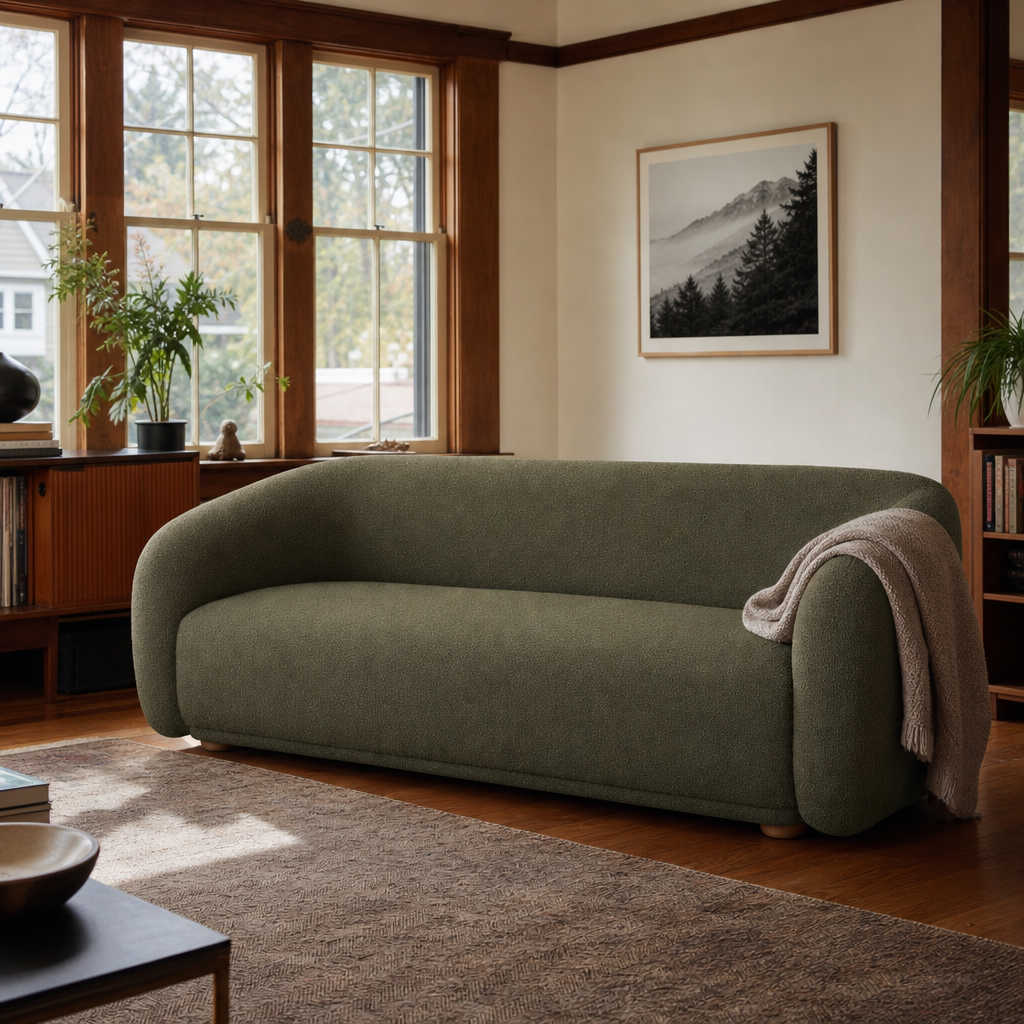 Finn 3-Seater Sofa in Pasha Army styled in a bright Portland mid-century modern living room - Whats New Furniture