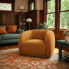 Finn Armchair in Amber styled in a Portland room - sculptural barrel chair - Whats New Furniture