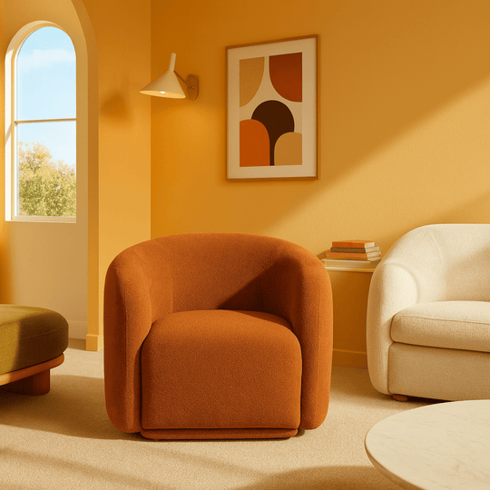 Finn Armchair in Amber styled in a Portland room - sculptural barrel chair - Whats New Furniture