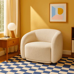 Finn Armchair in Fawn styled in a Portland room - sculptural barrel chair - Whats New Furniture
