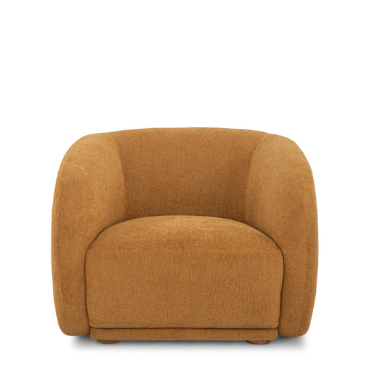 Finn Armchair in Pecan front view - sculptural barrel chair - Whats New Furniture Portland OR