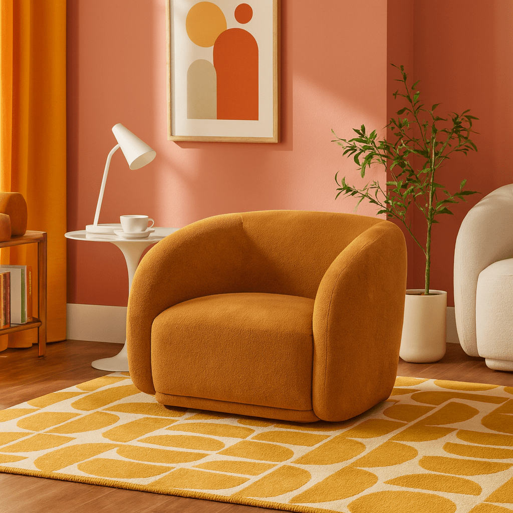 Finn Armchair in Pecan styled in a Portland room - sculptural barrel chair - Whats New Furniture