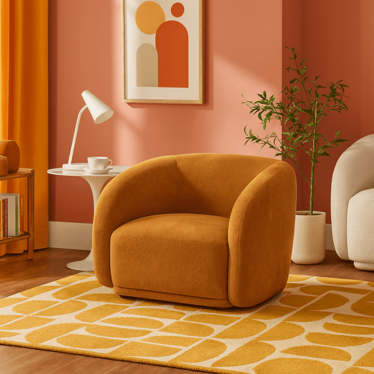 Finn Armchair in Pecan styled in a Portland room - sculptural barrel chair - Whats New Furniture