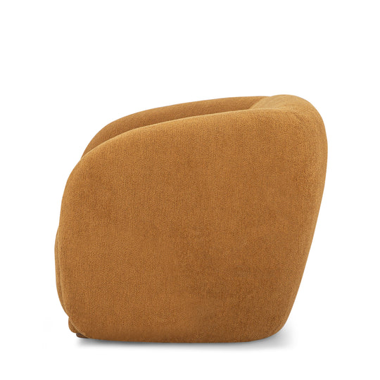 Finn Armchair in Pecan side view - sculptural barrel chair - Whats New Furniture Portland OR