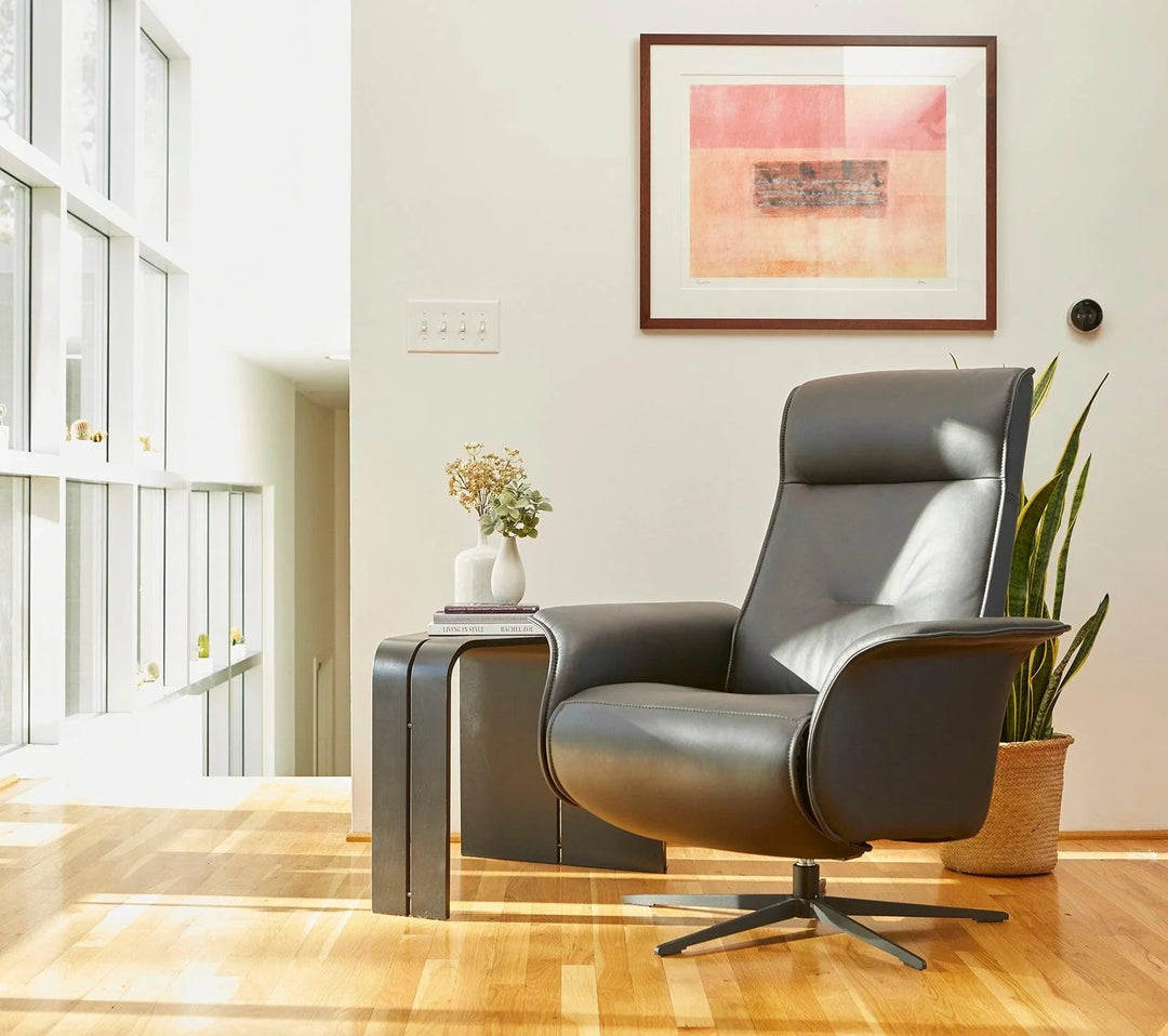 Finn Large Power Recliner w/Battery in leather side angle - Norwegian power recliner by Fjords - Whats New Furniture Portland OR