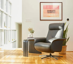 Finn Large Power Recliner w/Battery in leather side angle - Norwegian power recliner by Fjords - Whats New Furniture Portland OR