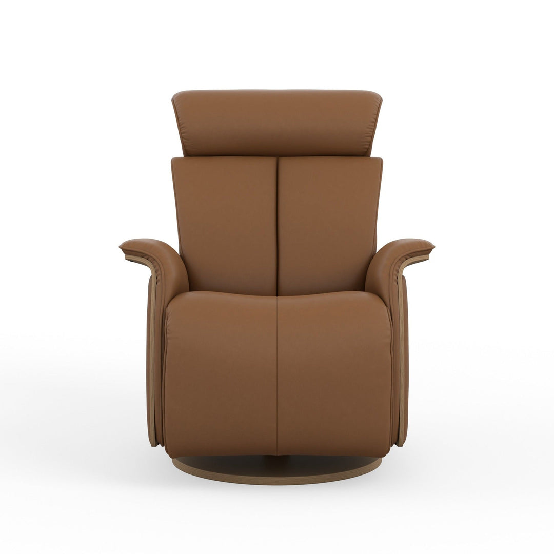 Jewel Power Recliner front view in tan leather - Fjords Norwegian power recliner - Whats New Furniture Portland OR