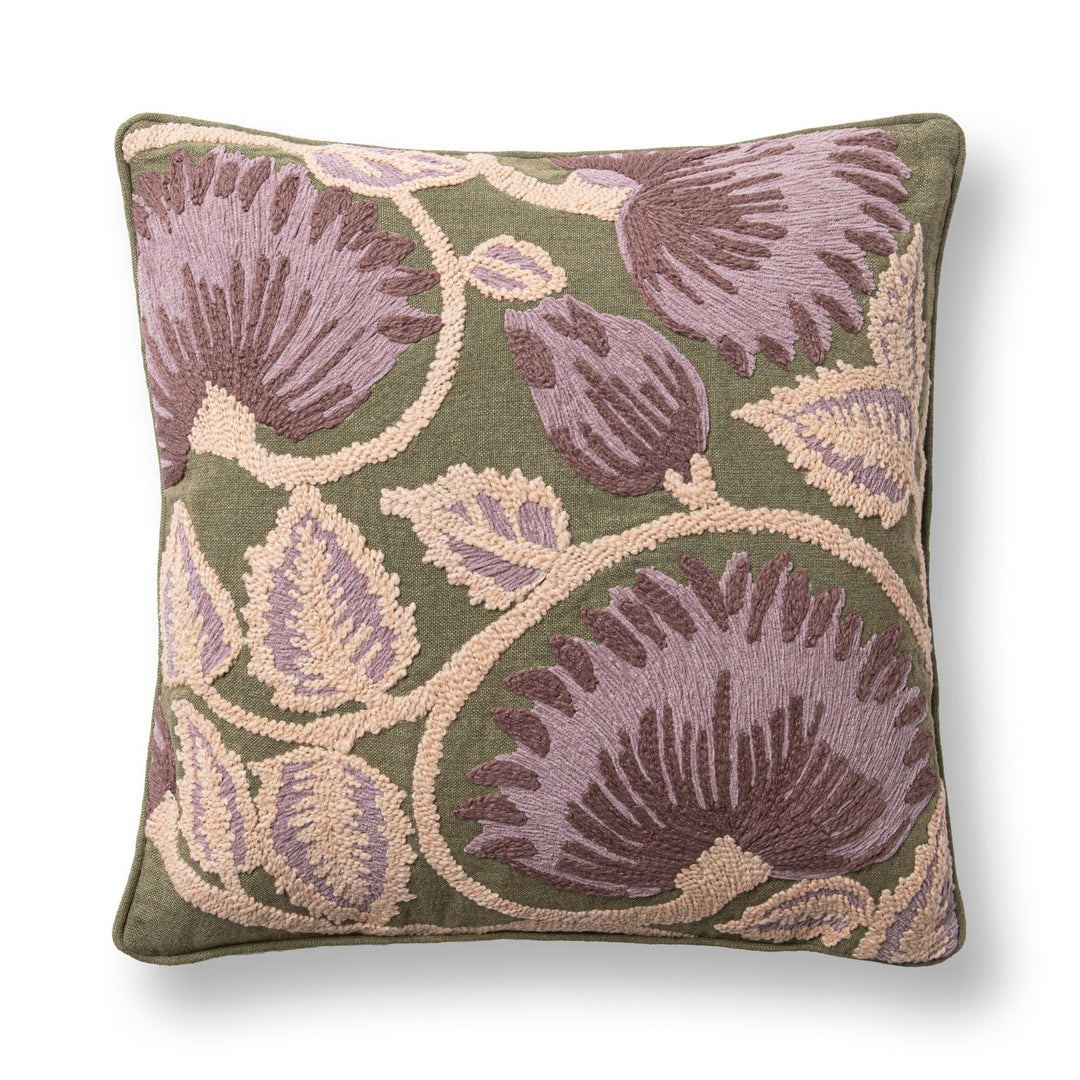 Folly Olive Green Embroidered Throw Pillow front view by Classic Home - Whats New Furniture Portland OR