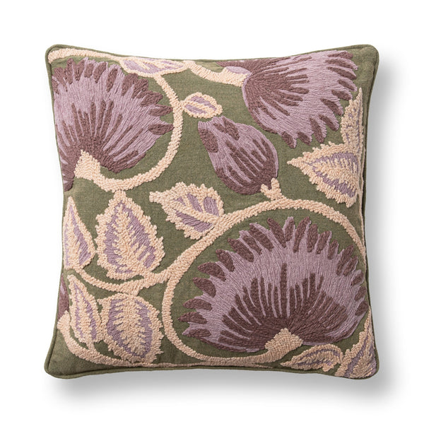 Folly Olive Green Embroidered Throw Pillow front view by Classic Home - Whats New Furniture Portland OR