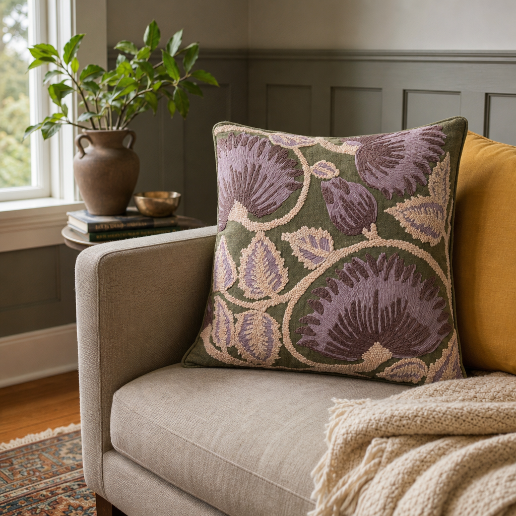 Folly Olive Green Embroidered Throw Pillow styled in a Portland Hawthorne bungalow living room lifestyle - Whats New Furniture