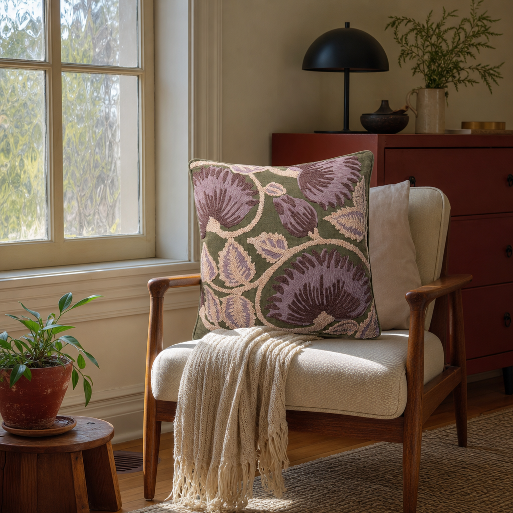 Folly Olive Green Embroidered Throw Pillow styled in a Portland Alberta Arts sitting room lifestyle - Whats New Furniture